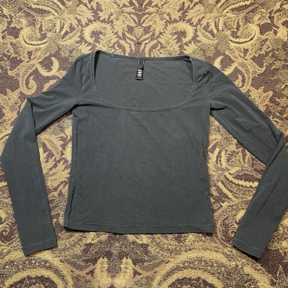 SKIMS Cotton Jersey Scoop Neck Long Sleeve Top Black Soot Womens Size Small